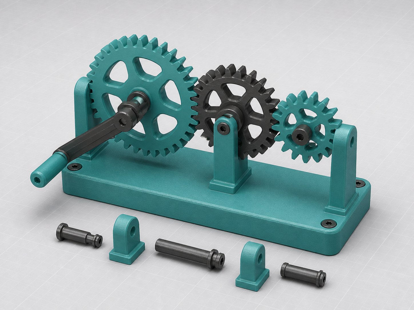 Illustrative CAD render of a hand-cranked three-gear educational mechanism