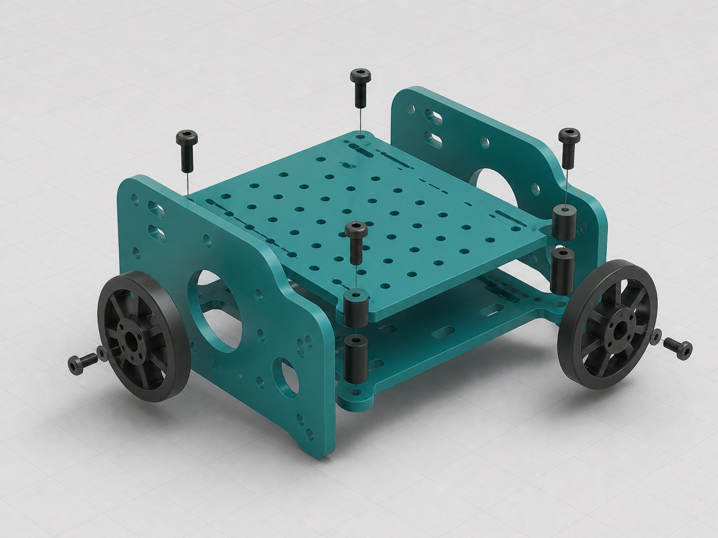 Illustrative exploded CAD render of a modular classroom robot chassis