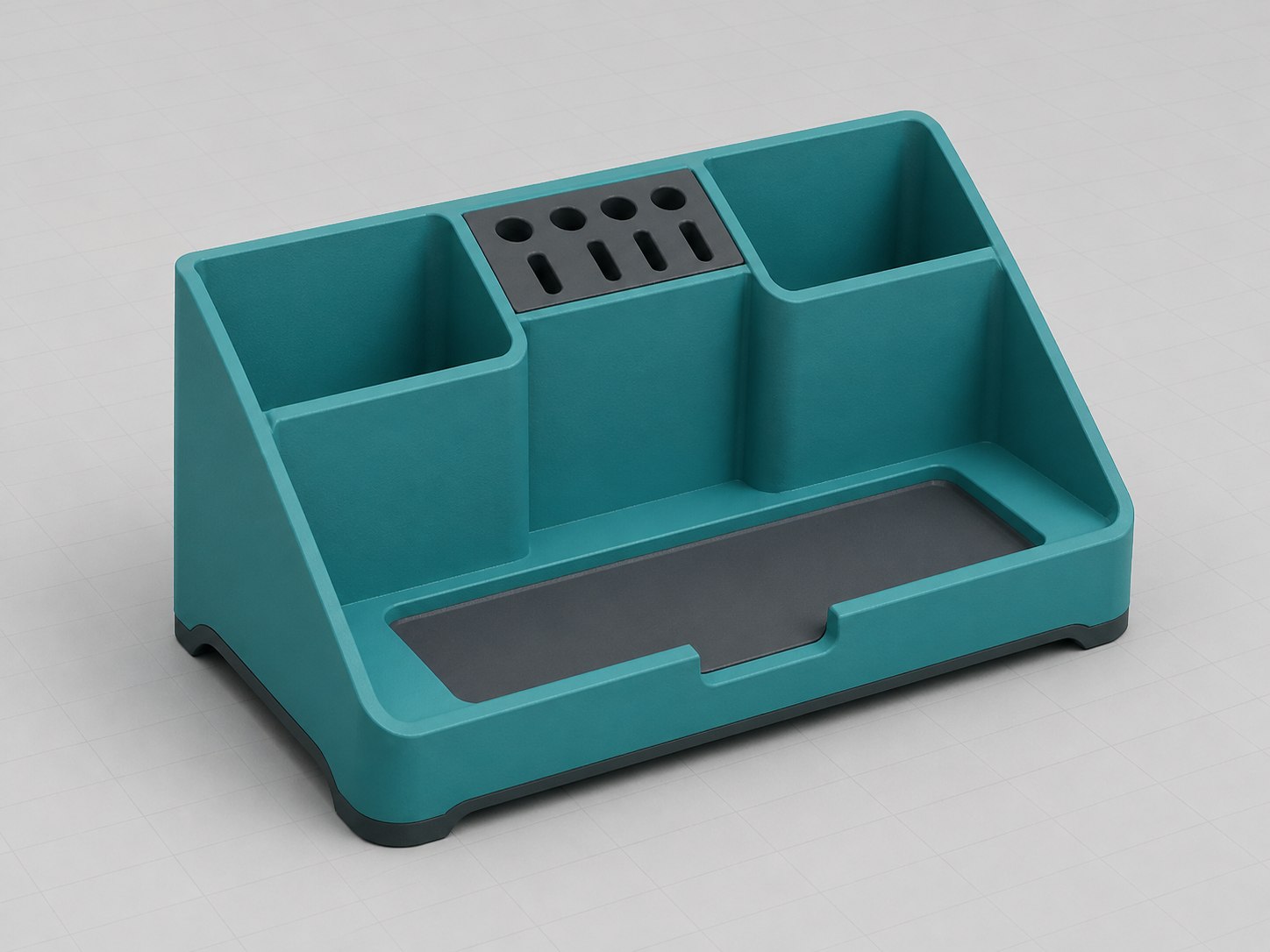 Illustrative CAD render of a modular study caddy with storage compartments and pencil slots